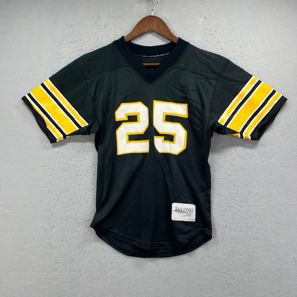 Vintage DeLONG Football Jersey Men Medium Black Yellow 25 Kelly Sports Throwback